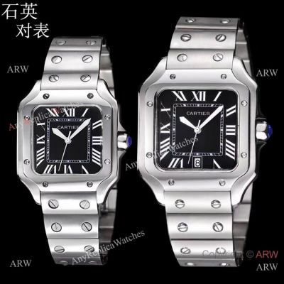 Replica Cartier Santos de Cartier Stainless Steel Black Dial Lover Watch